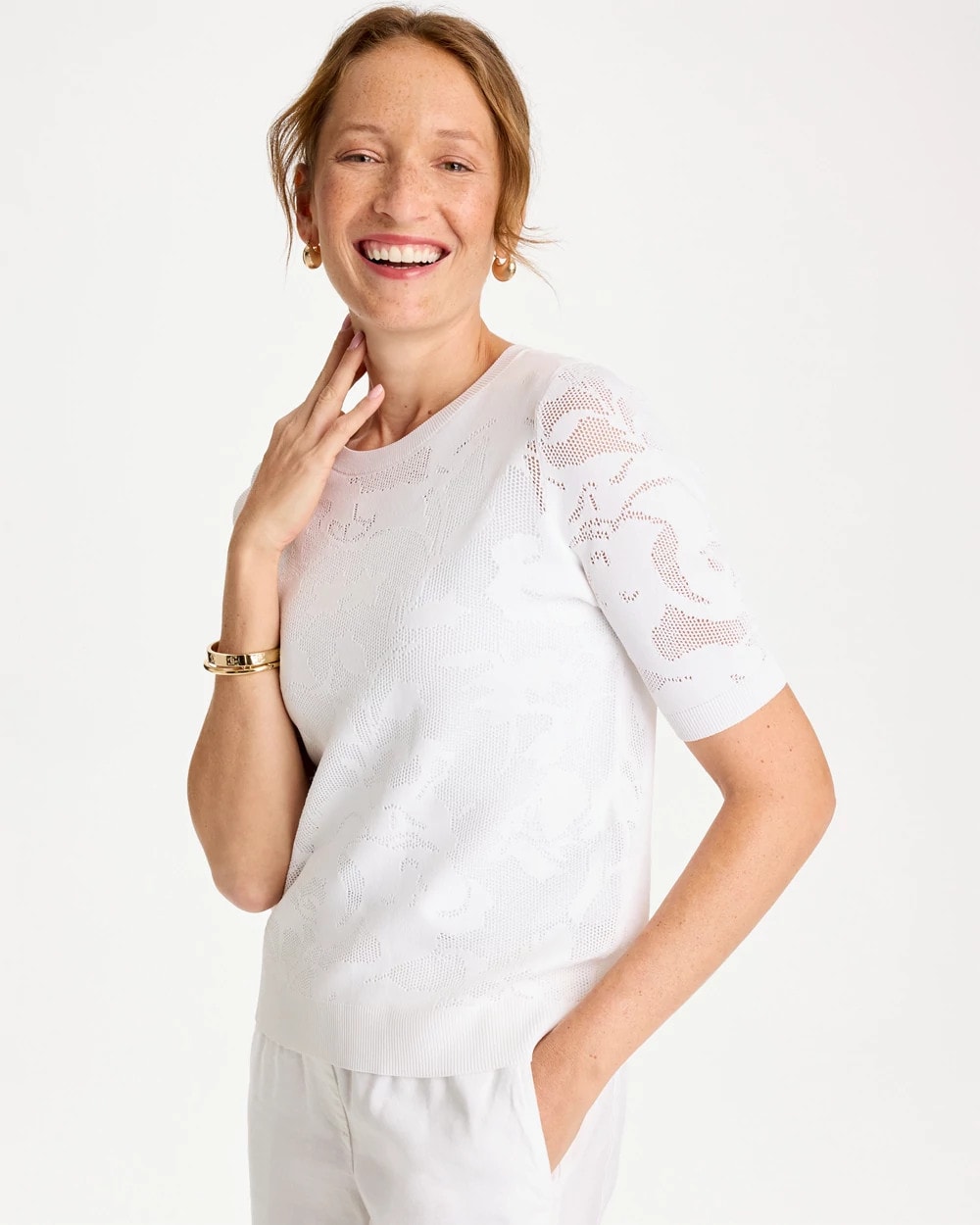 トップス eLLa sheer jacquard PO (white) Ella Short-Sleeve Pointelle Sweater | Chico's